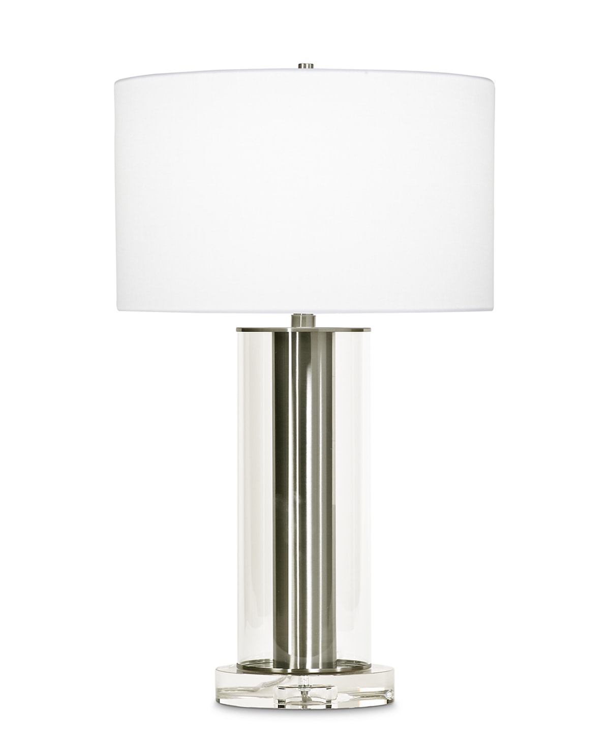 FlowDecor Lilac Table Lamp in metal with brushed nickel finish and glass and crystal and white linen drum shade (# 3701)
