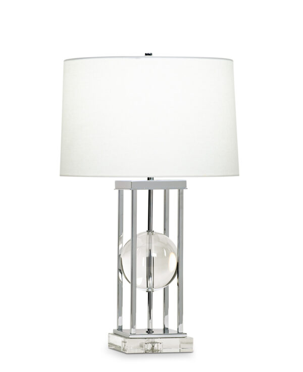 FlowDecor Locust Table Lamp in crystal and metal with chrome finish and off-white linen tapered drum shade (# 3700)