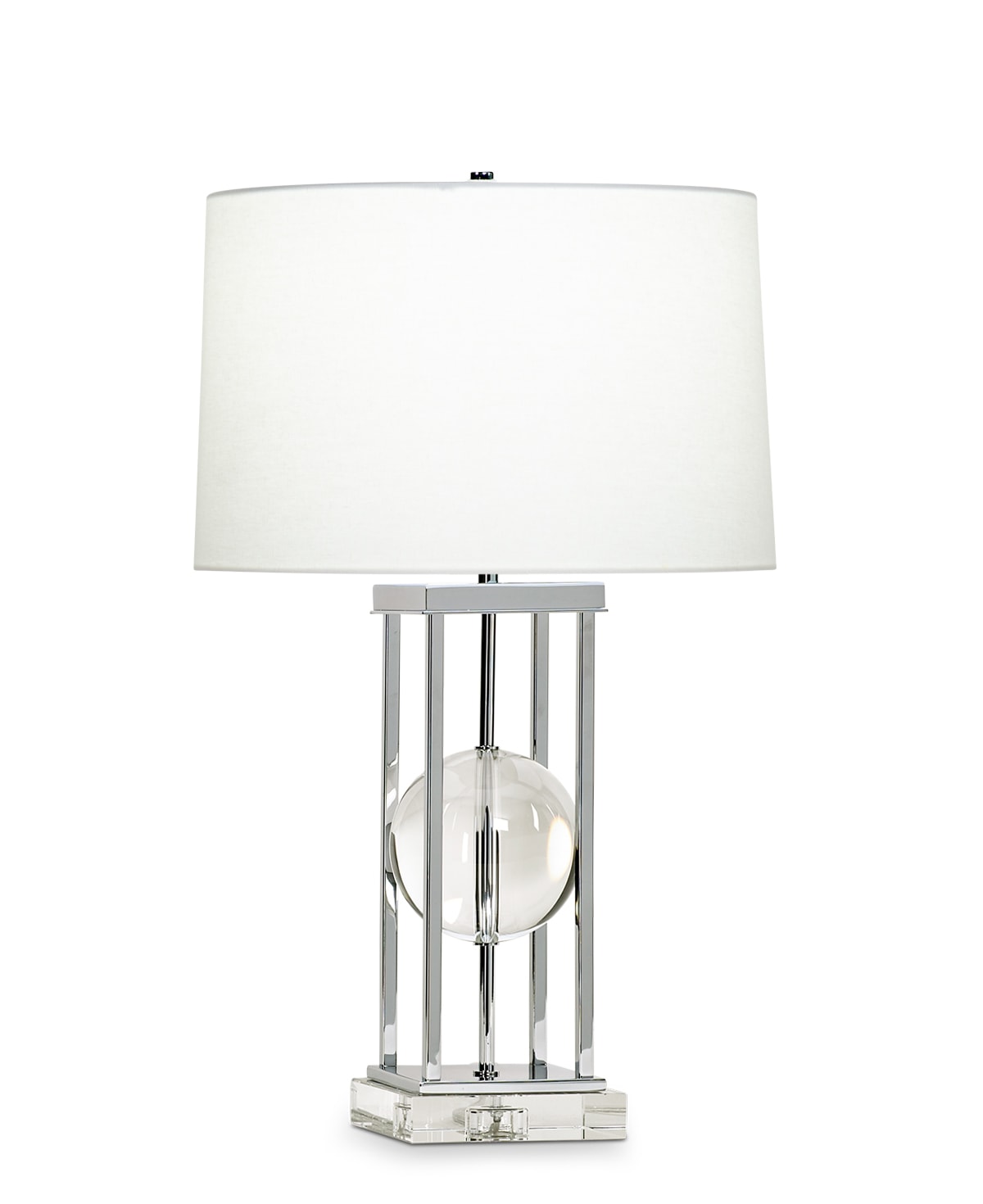 FlowDecor Locust Table Lamp in crystal and metal with chrome finish and off-white linen tapered drum shade (# 3700)