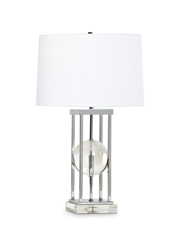 FlowDecor Locust Table Lamp in crystal and metal with chrome finish and white linen tapered drum shade (# 3700)