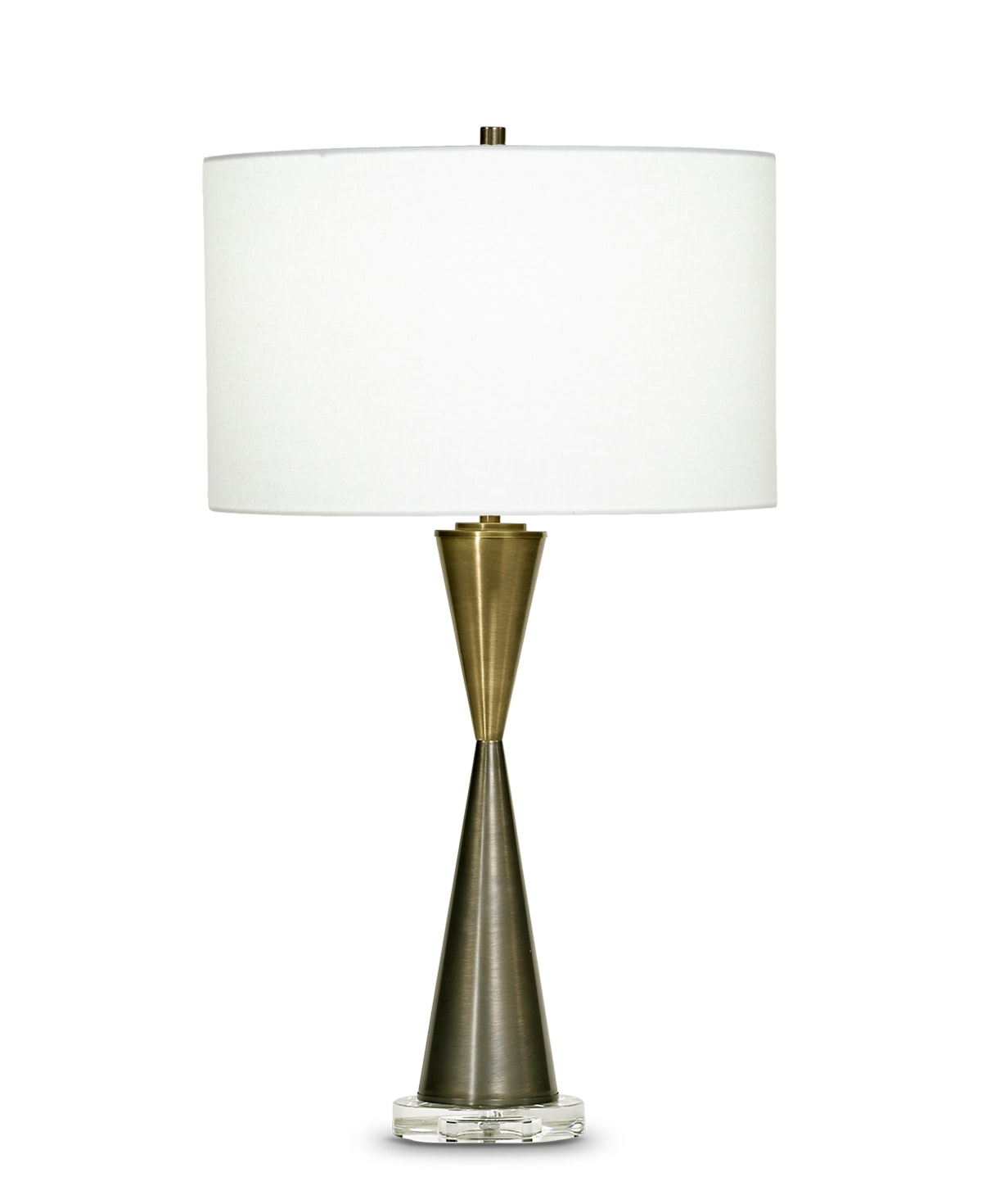 magnolia-brass-bronze-crystal-table-lamp-main-3709-OWL FlowDecor Magnolia Table Lamp in metal with antique brass & bronze finishes and crystal base and off-white linen drum shade (# 3709)