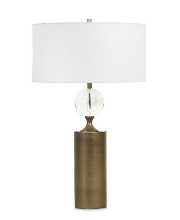 FlowDecor Maple Table Lamp in resin with antique brass finish (Noble AB) and crystal and off-white linen drum shade (# 3646)