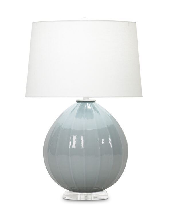 FlowDecor Margaux Table Lamp in mouth-blown glass with grey-blue finish and acrylic base and off-white linen tapered drum shade (# 3673)