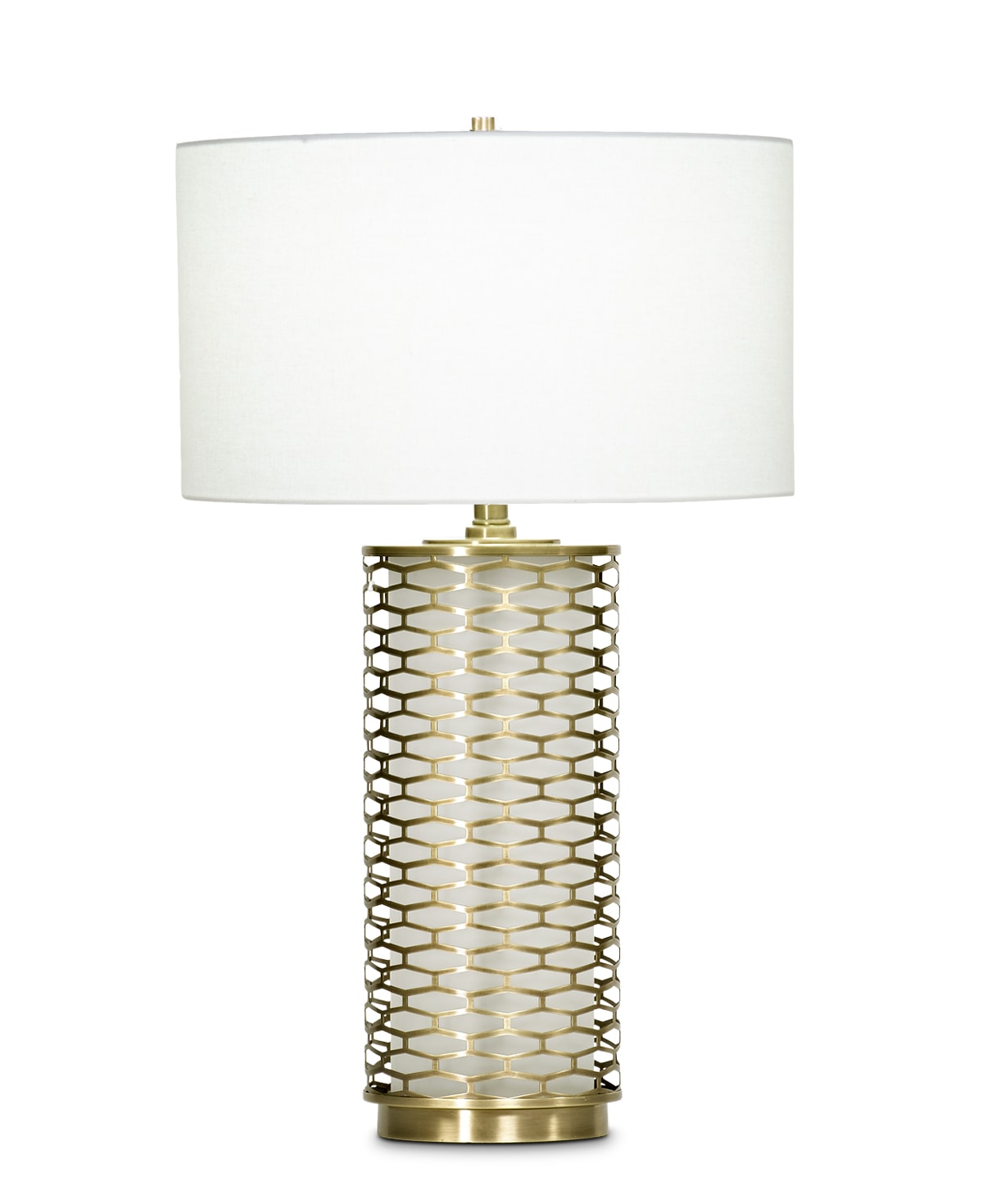 FlowDecor Marigold Table Lamp in metal with antique brass finish and glass with frosted finish and off-white linen drum shade (# 3714)