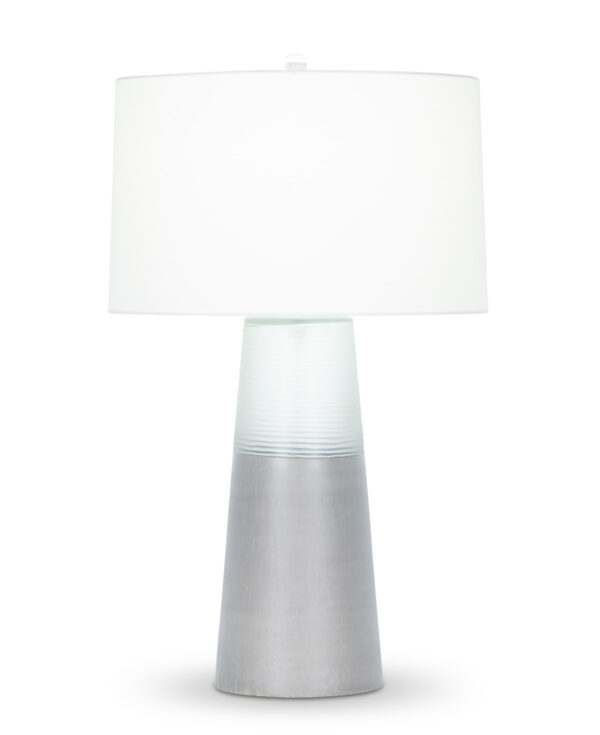 FlowDecor Marnie Table Lamp in mouth-blown glass with grey carved finish and mouth-blown clear reeded glass and off-white cotton tapered drum shade (# 4434)