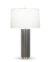 FlowDecor Meredith Table Lamp in resin with dark brown finish and metal with antique brass finish and off-white linen tapered drum shade (# 4440)