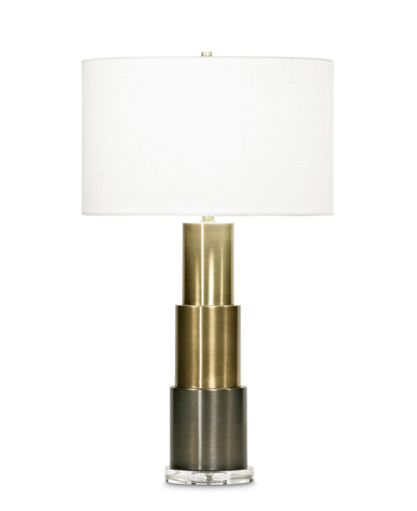 FlowDecor Mimosa Table Lamp in metal with graduated antique brass finishes and crystal base and off-white linen drum shade (# 3713)