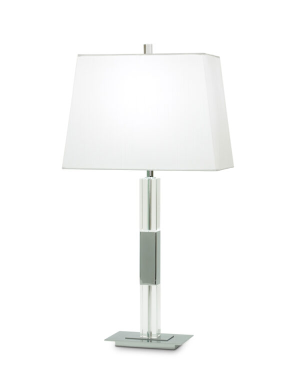FlowDecor Moreno Table Lamp in crystal and metal with chrome finish and white cotton tapered rectangular shade (# 3156)