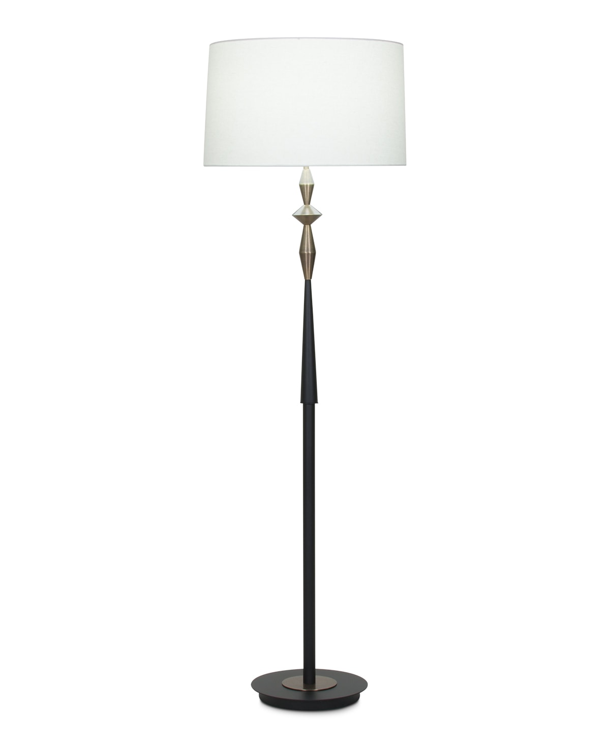 FlowDecor Morrison Floor Lamp in metal with antique brass & black matte finishes and off-white linen tapered drum shade (# 4052)