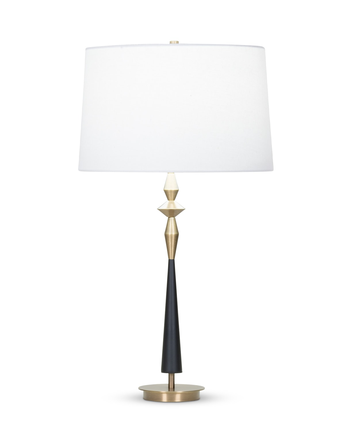 FlowDecor Morrison Table Lamp in metal with antique brass & black matte finishes and off-white cotton tapered drum shade (# 4082)