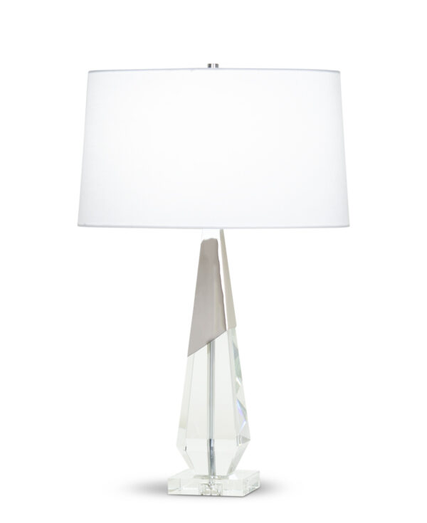 FlowDecor Nathan Table Lamp in crystal and metal with polished nickel finish and white linen oval shade (# 4366)