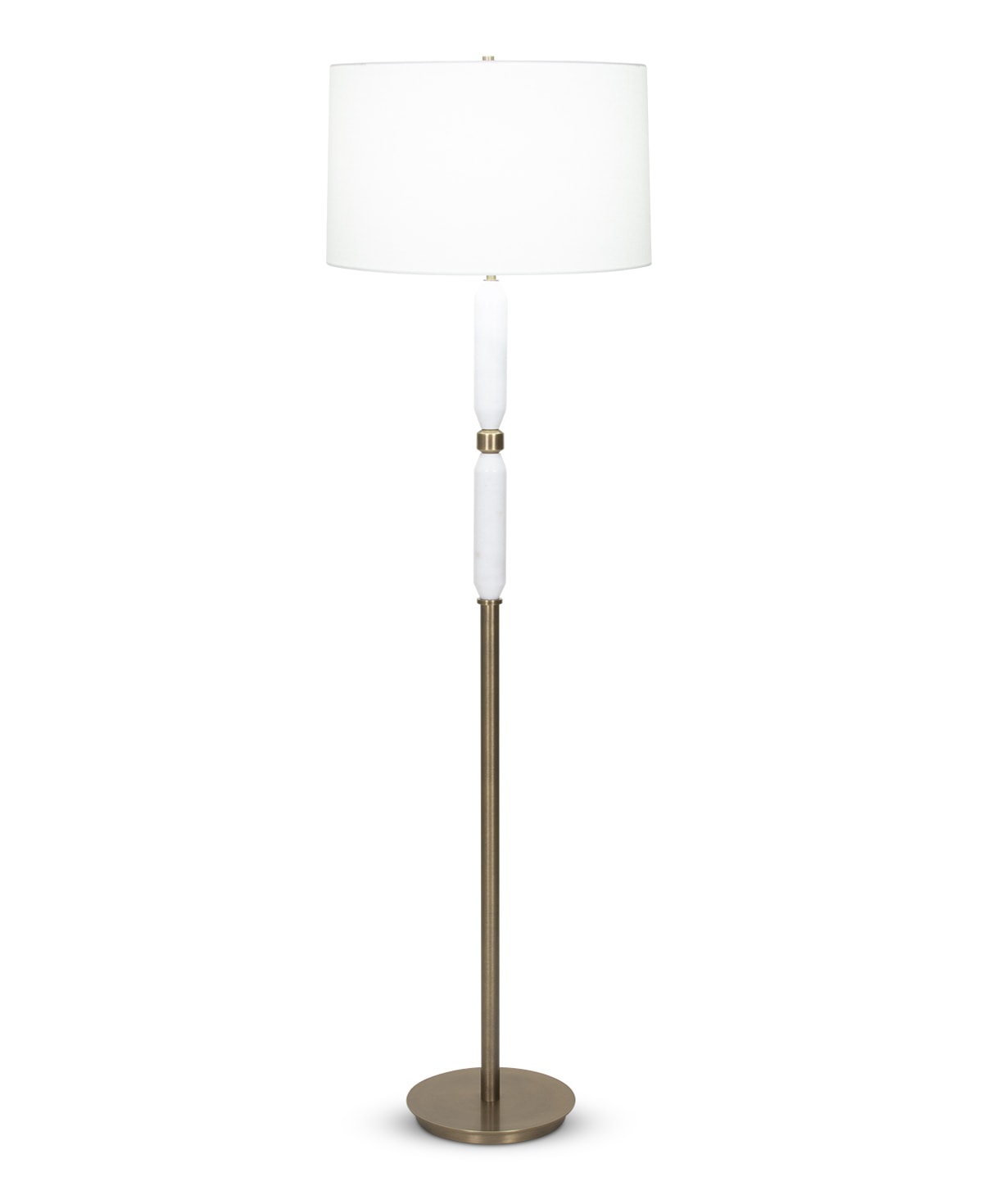 FlowDecor Ness Floor Lamp in white marble and metal with antique brass finish and off-white linen tapered drum shade (# 4089)