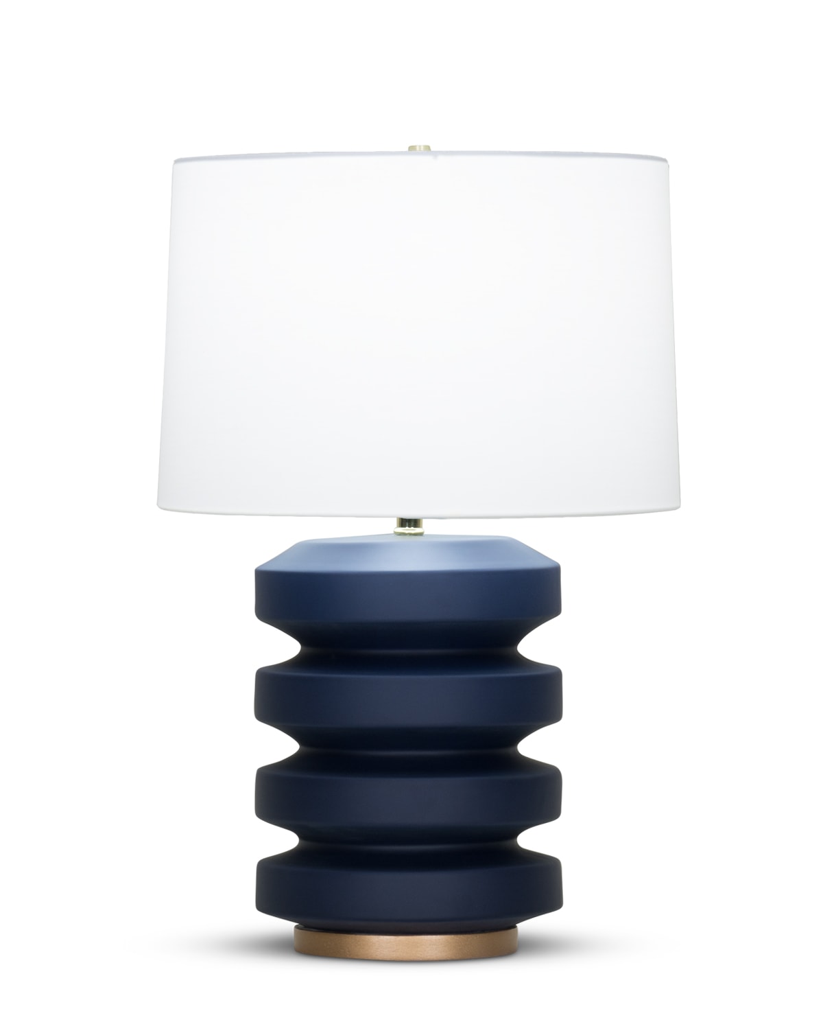FlowDecor Nolan Table Lamp in ceramic with navy blue matte finish and resin base with gold finish and off-white cotton tapered drum shade (# 4369)