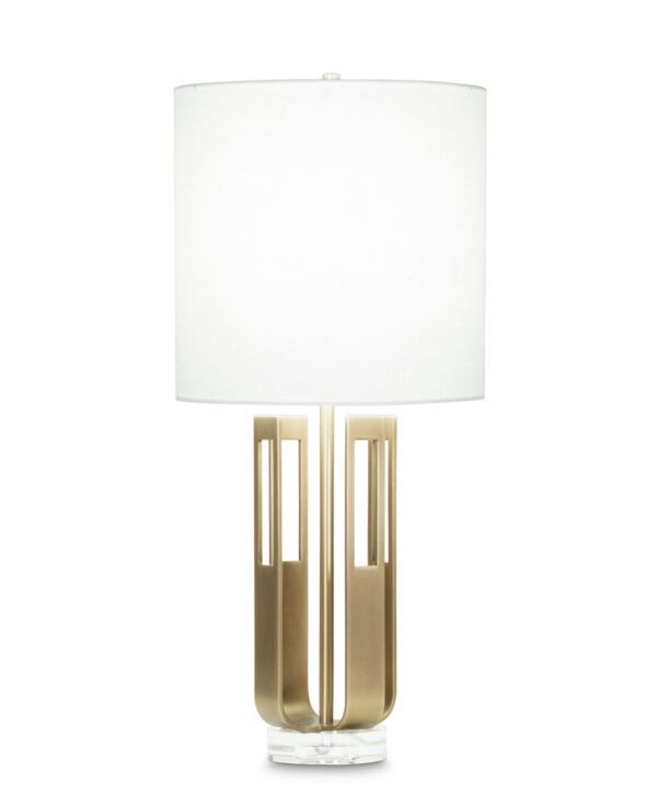 FlowDecor Ophelia Table Lamp in metal with antique brass finish and crystal base and off-white linen drum shade (# 4003)