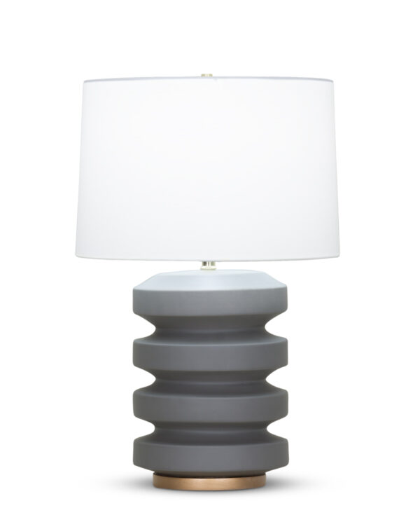 FlowDecor Orpheus Table Lamp in ceramic with charcoal grey matte finish and resin base with gold finish and off-white cotton tapered drum shade (# 4080)
