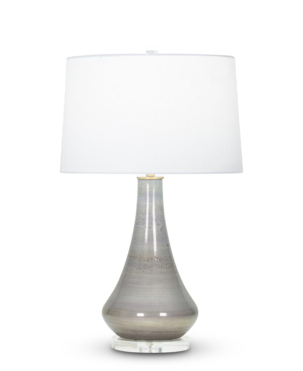FlowDecor Orwell Table Lamp in mouth-blown glass with grey mixed finish and off-white cotton tapered drum shade (# 4030)