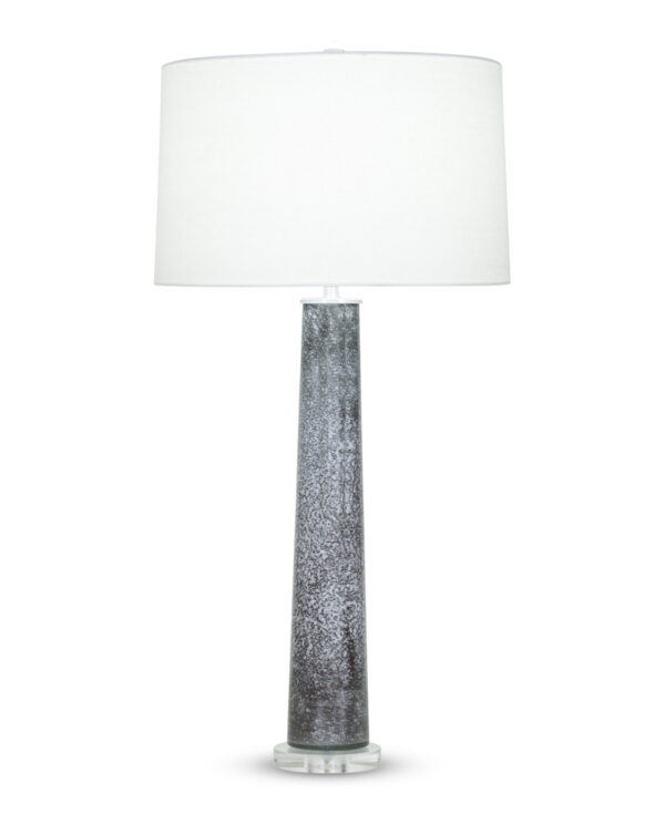 FlowDecor Othello Table Lamp in mouth-blown glass with black and white finish and acrylic base and off-white linen tapered drum shade (# 4011)