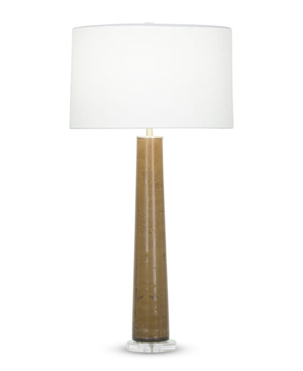 FlowDecor Penelope Table Lamp in mouth-blown glass with brown finish and acrylic base and off-white linen tapered drum shade (# 3951)
