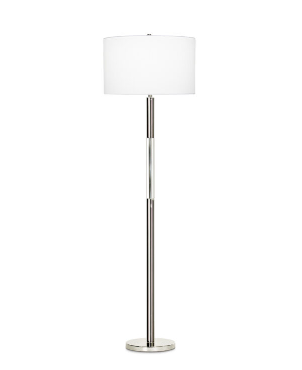 FlowDecor Poppy Floor Lamp in metal with polished nickel finish and crystal and white linen drum shade (# 3719)