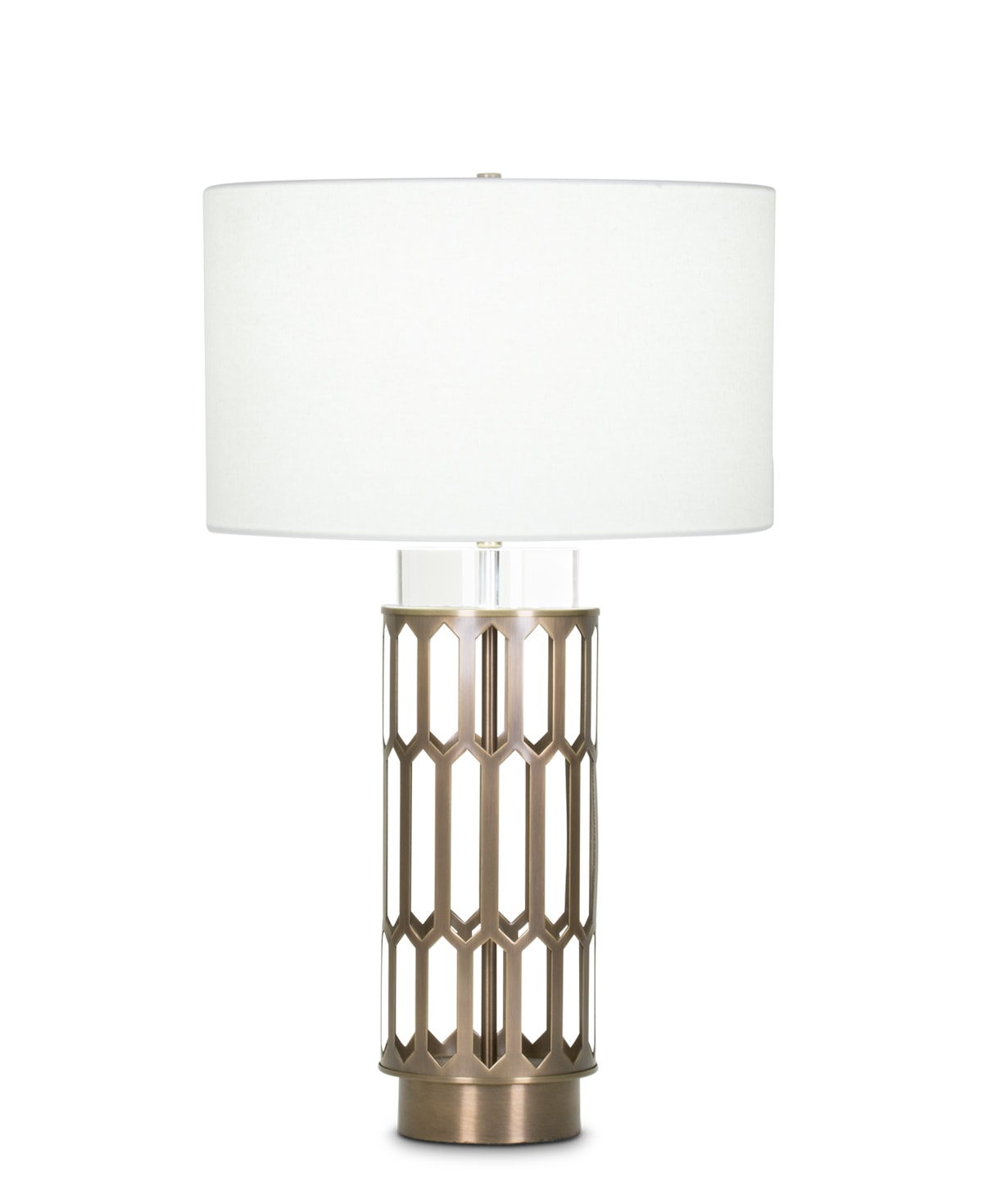FlowDecor Portia Table Lamp in metal with antique brass finish and crystal and off-white linen drum shade (# 4005)