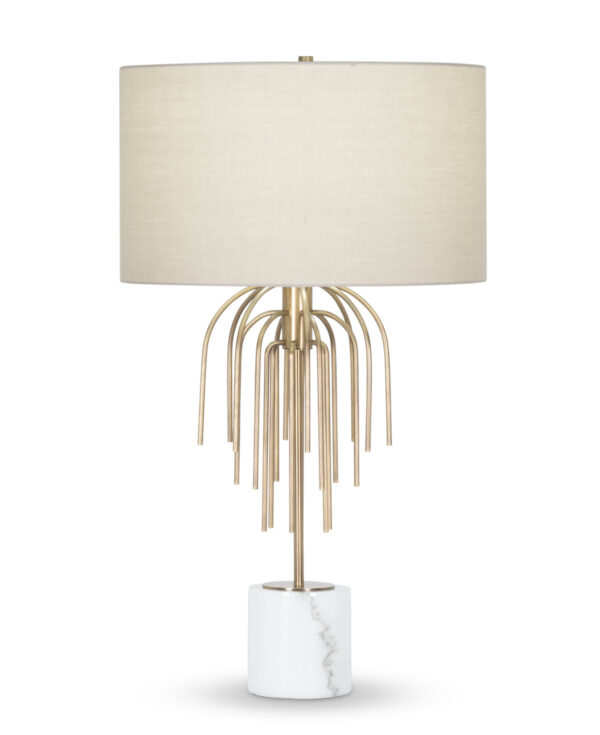 FlowDecor Powell Table Lamp in white marble and metal with antique brass finish and beige cotton drum shade (# 4439)