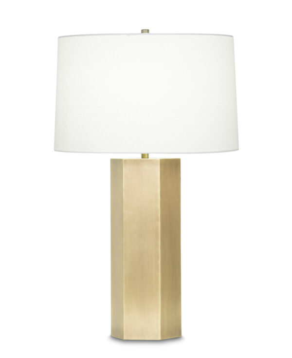 FlowDecor Quinn Table Lamp in metal with antique brass finish and off-white linen tapered drum shade (# 3912)
