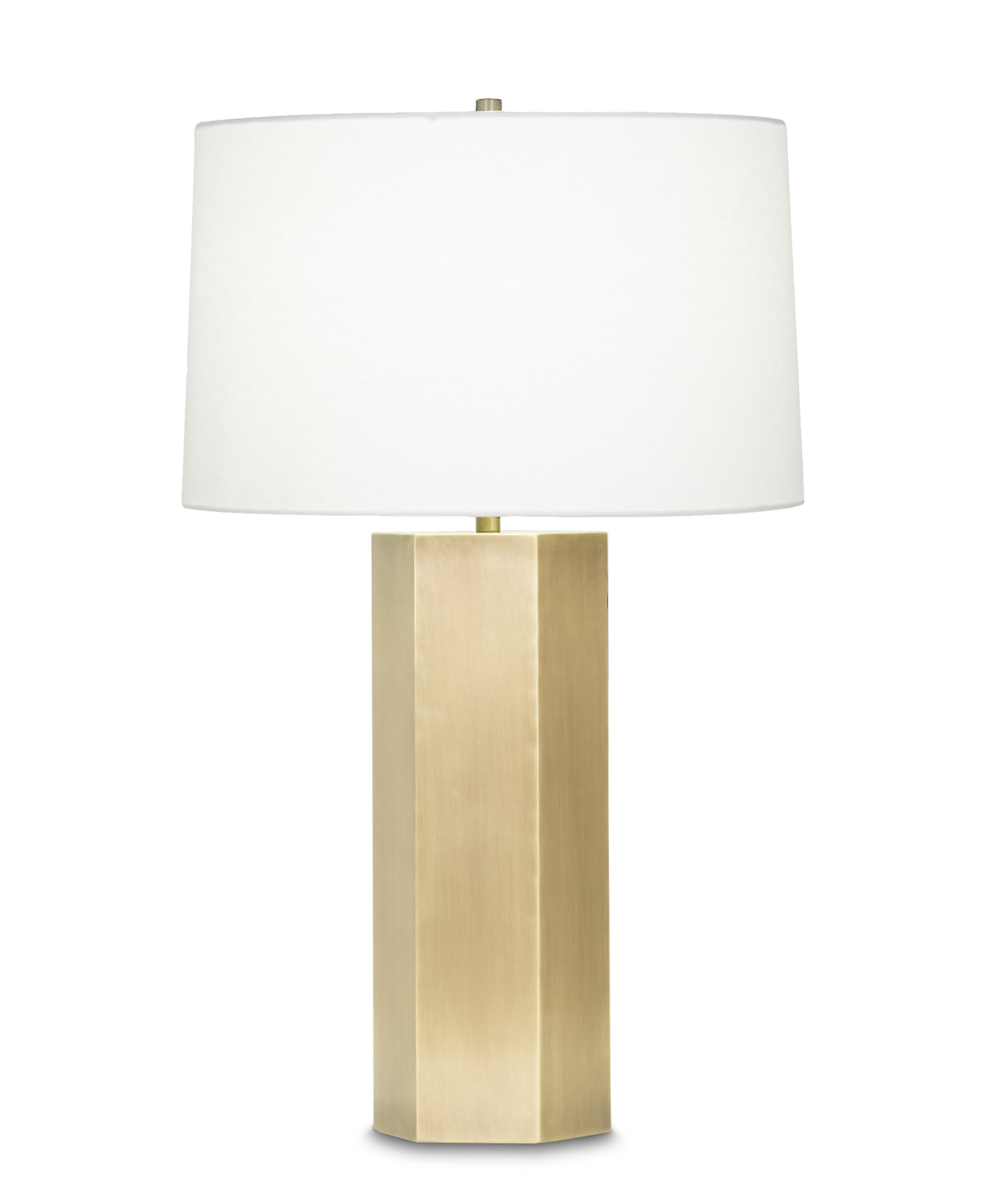 FlowDecor Quinn Table Lamp in metal with antique brass finish and off-white linen tapered drum shade (# 3912)