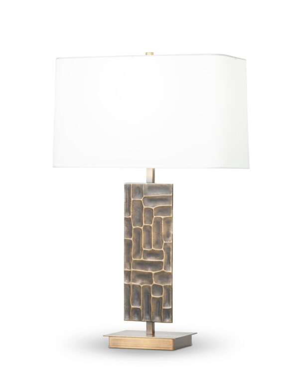 FlowDecor Rachel Table Lamp in metal with antique brass finish and off-white cotton rounded rectangle shade (# 4443)