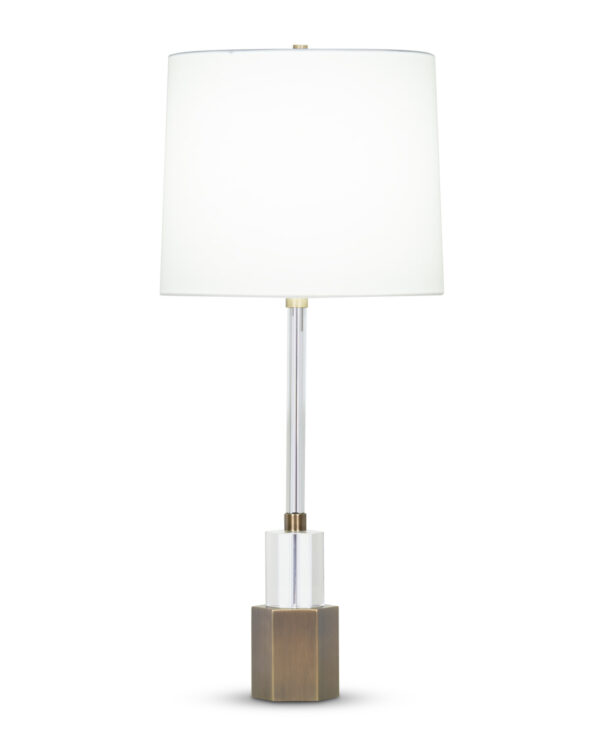 FlowDecor Rhodes Table Lamp in crystal and metal with antique brass finish and off-white cotton tapered drum shade (# 4408)