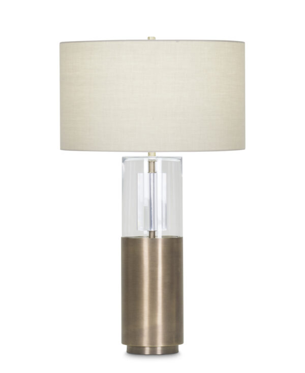 FlowDecor Riley Table Lamp in metal with antique brass finish and glass and beige cotton drum shade (# 3960)