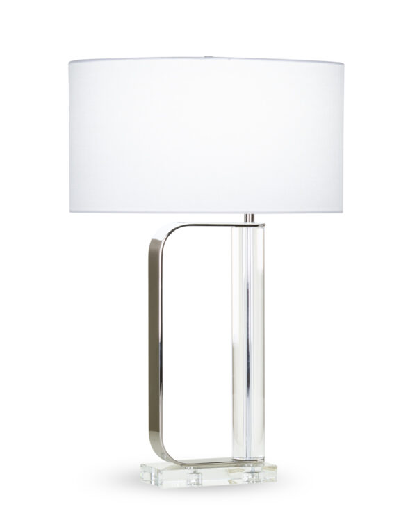 FlowDecor Ronald Table Lamp in crystal and metal with polished nickel finish and white linen oval shade (# 4413)