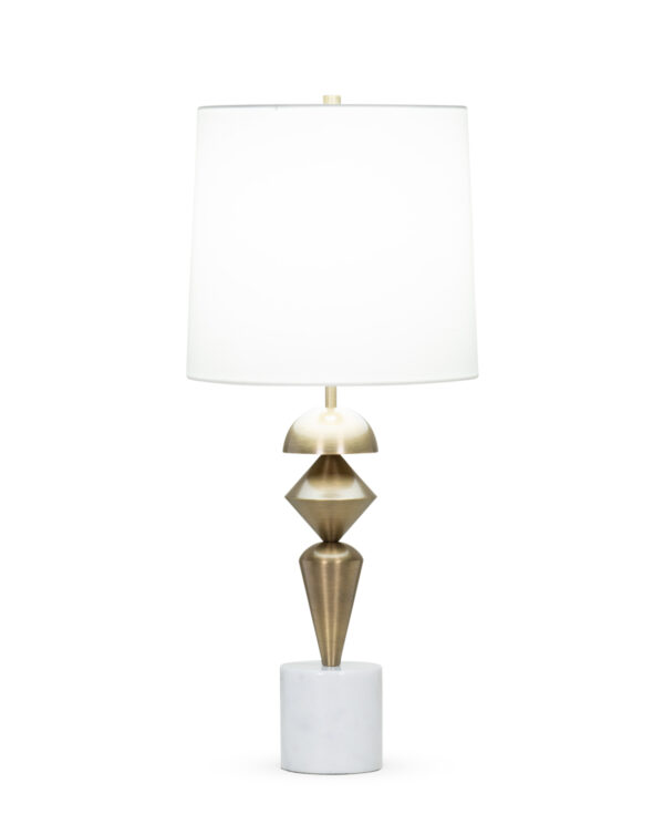 FlowDecor Sable Table Lamp in white marble and metal with antique brass finish and off-white cotton tapered drum shade (# 4405)