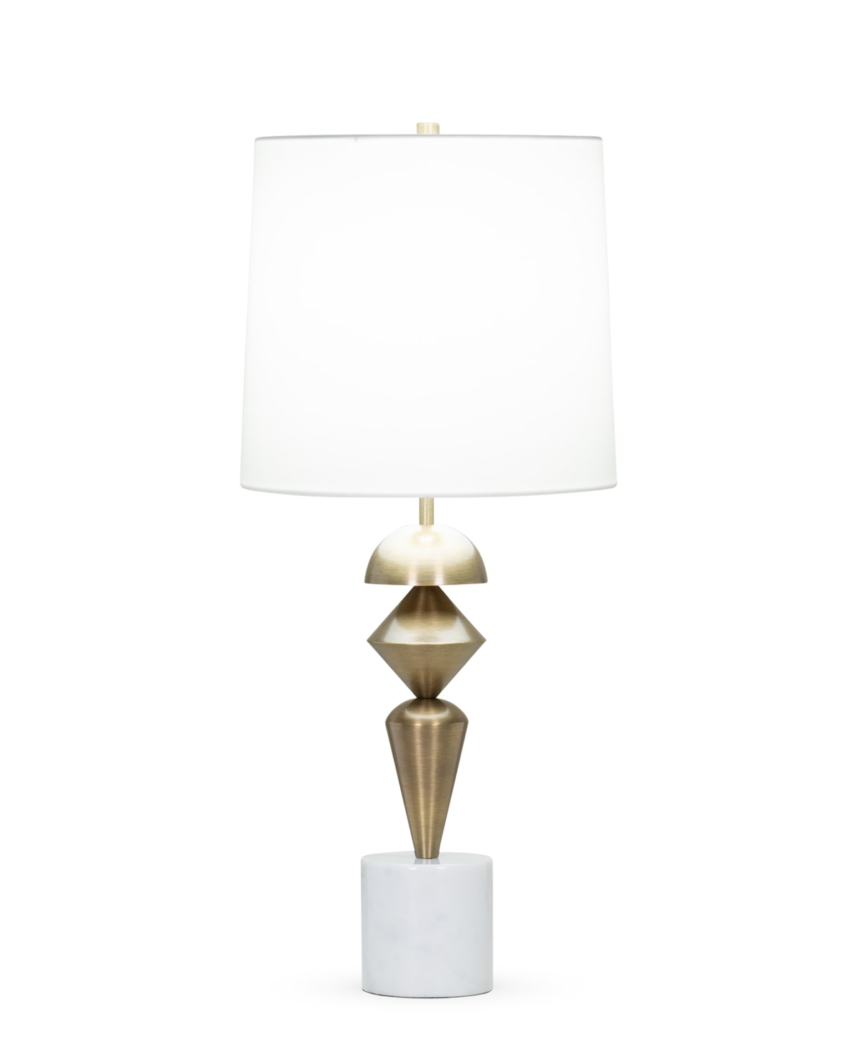 FlowDecor Sable Table Lamp in white marble and metal with antique brass finish and off-white cotton tapered drum shade (# 4405)