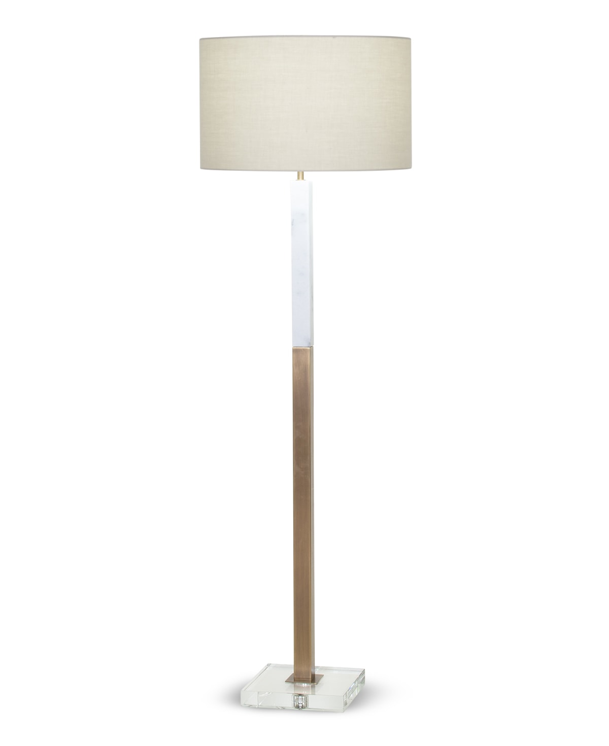 FlowDecor Sanders Floor Lamp in white marble and metal with antique brass finish and crystal and beige cotton drum shade (# 4354)