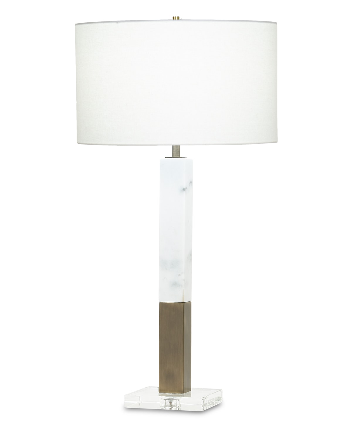FlowDecor Sanders Table Lamp in white marble and metal with antique brass finish and crystal base and off-white linen drum shade (# 3822)