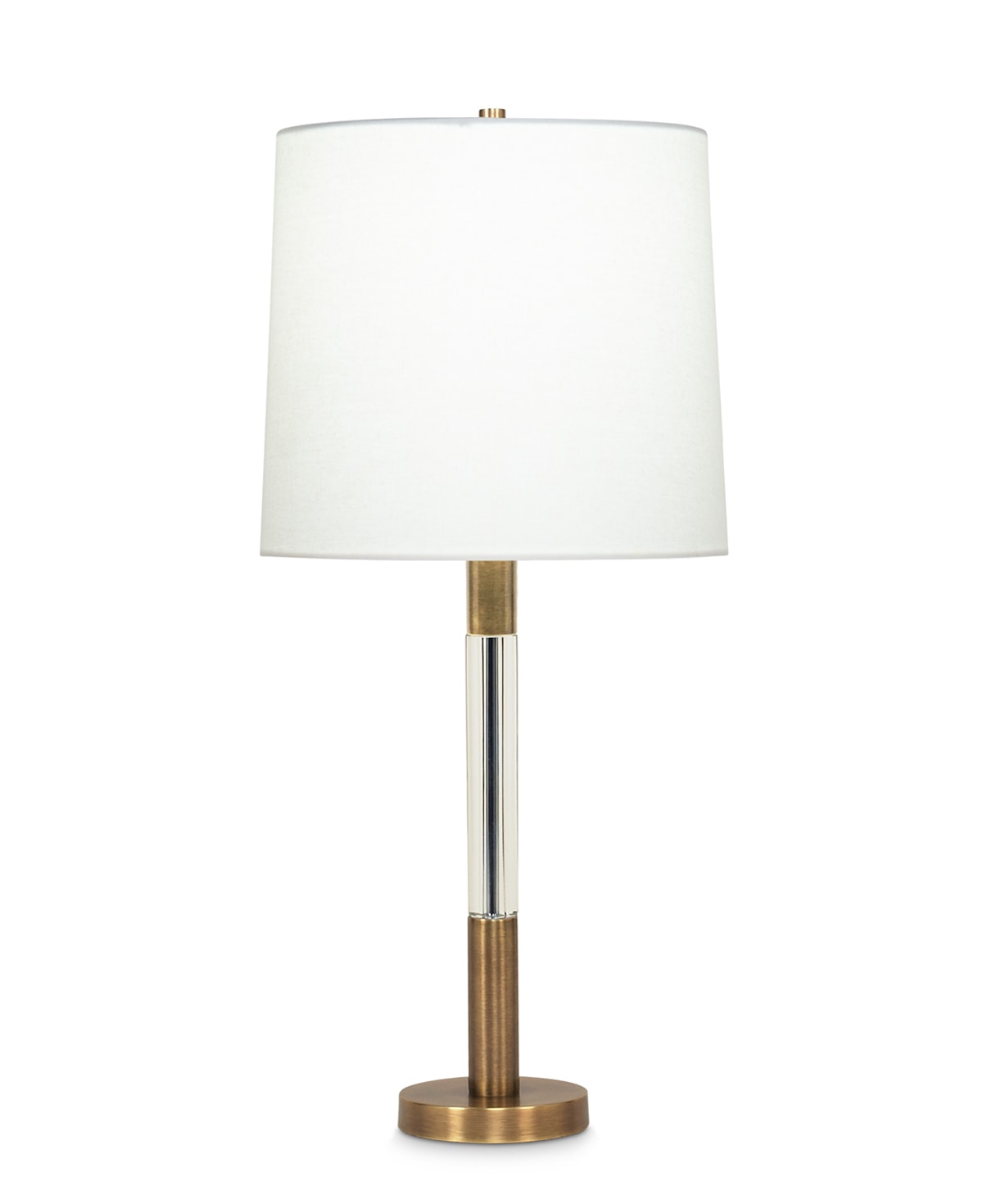 FlowDecor Severn Table Lamp in metal with antique brass finish and crystal and off-white linen tapered drum shade (# 3592)