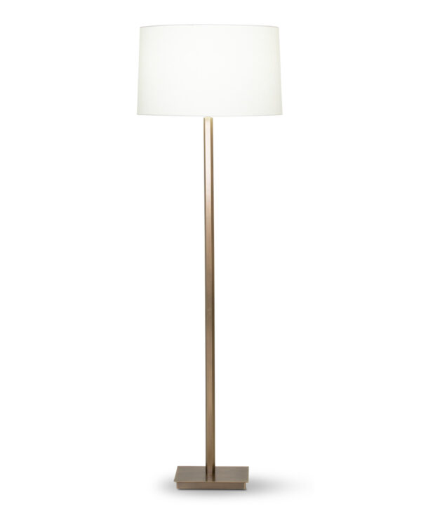FlowDecor Sydney Floor Lamp in metal with antique brass finish and off-white linen tapered drum shade (# 4356)