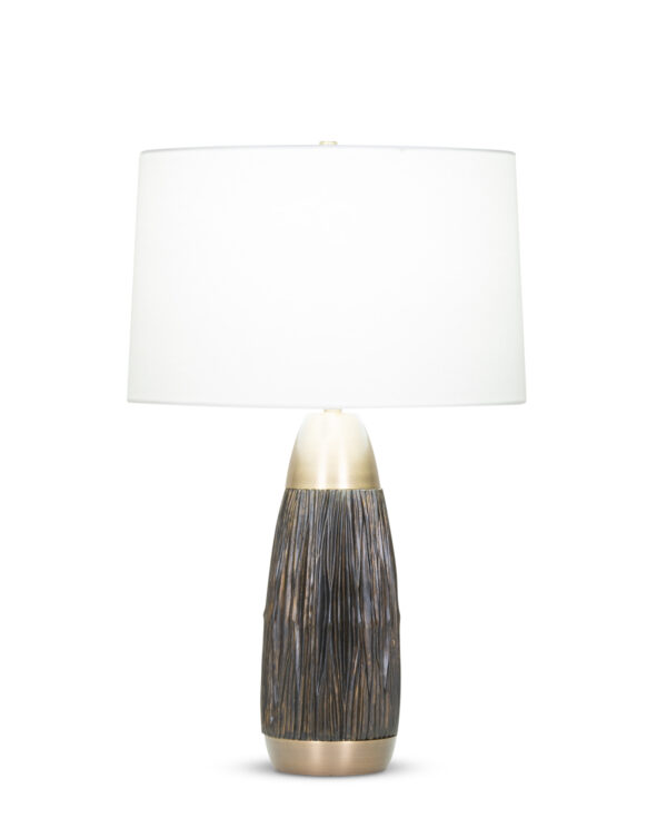 FlowDecor Telluride Table Lamp in resin with bronze with brass highlights and metal with antique brass finish and off-white linen tapered drum shade (# 4097)