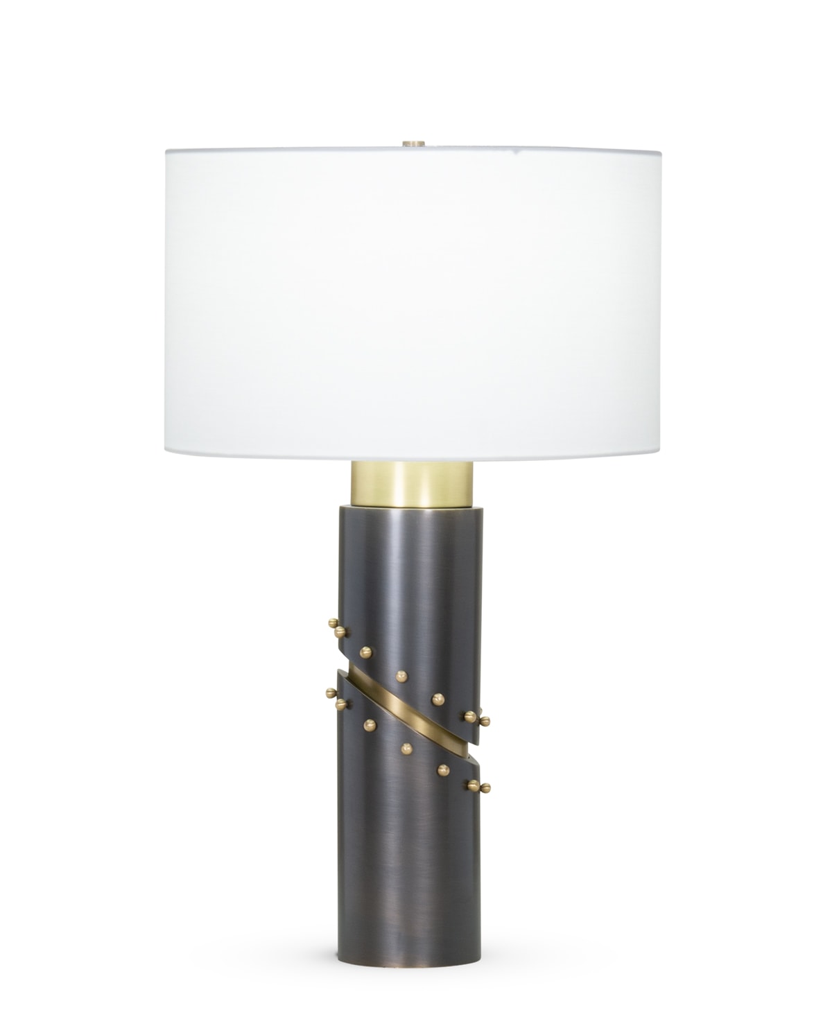 FlowDecor Wales Table Lamp in metal with antique brass & bronze finishes and off-white cotton drum shade (# 4407)