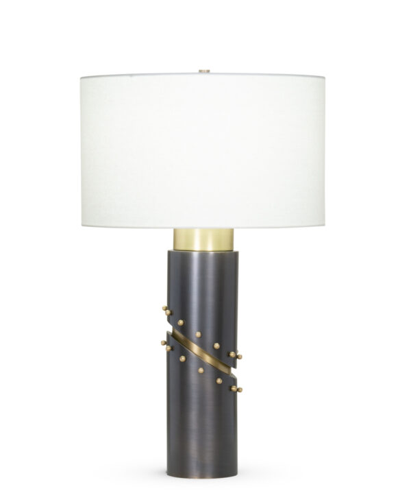 FlowDecor Wales Table Lamp in metal with antique brass & bronze finishes and off-white linen drum shade (# 4407)