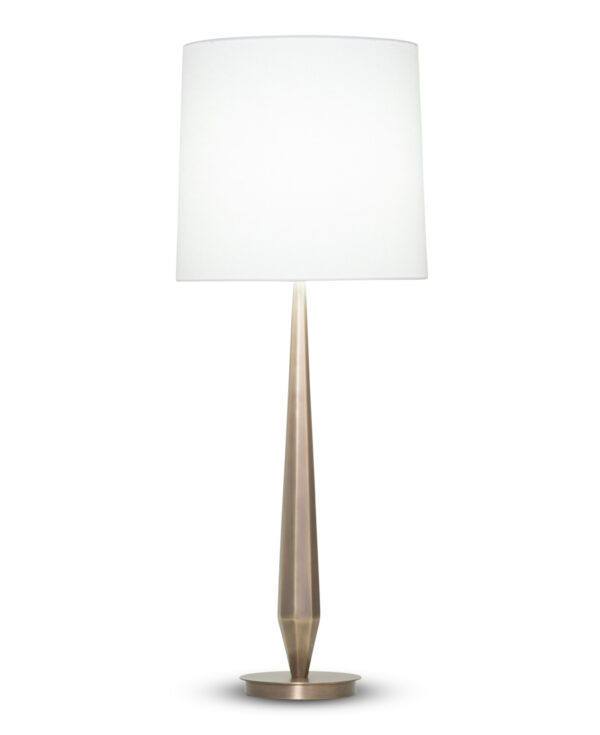 FlowDecor Zoe Table Lamp in metal with antique brass finish and off-white linen tapered drum shade (# 3921)