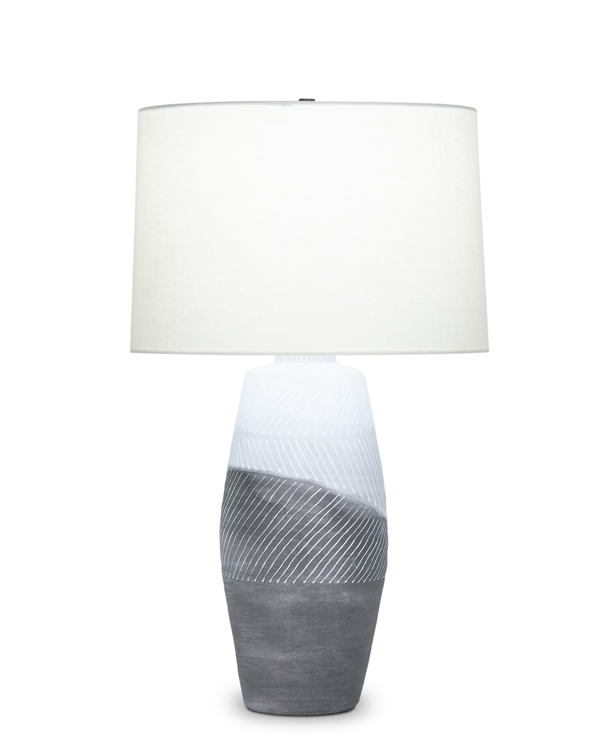 FlowDecor Aaron Table Lamp in ceramic with varying shades of grey and off-white linen tapered drum shade (# 4498)