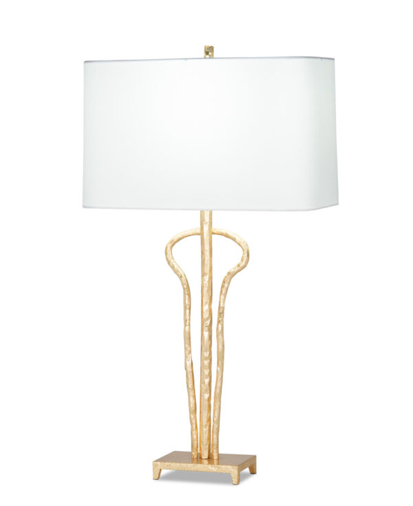 FlowDecor Evelyn Table Lamp in metal with gold leaf finish and off-white cotton rounded rectangle shade (# 4494)