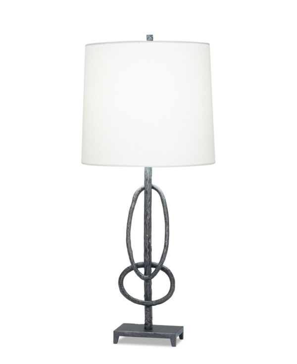 FlowDecor Leo Table Lamp in metal with antique black finish and off-white linen tapered drum shade (# 4493)