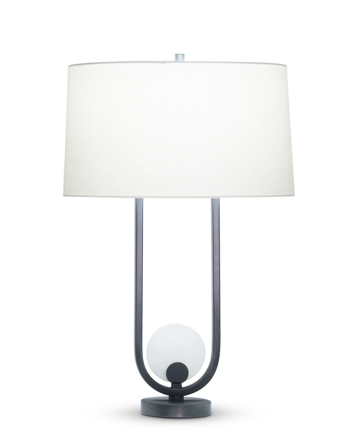 FlowDecor Archie Table Lamp in metal with gunmetal finish and alabaster and off-white linen oval shade (# 4516)