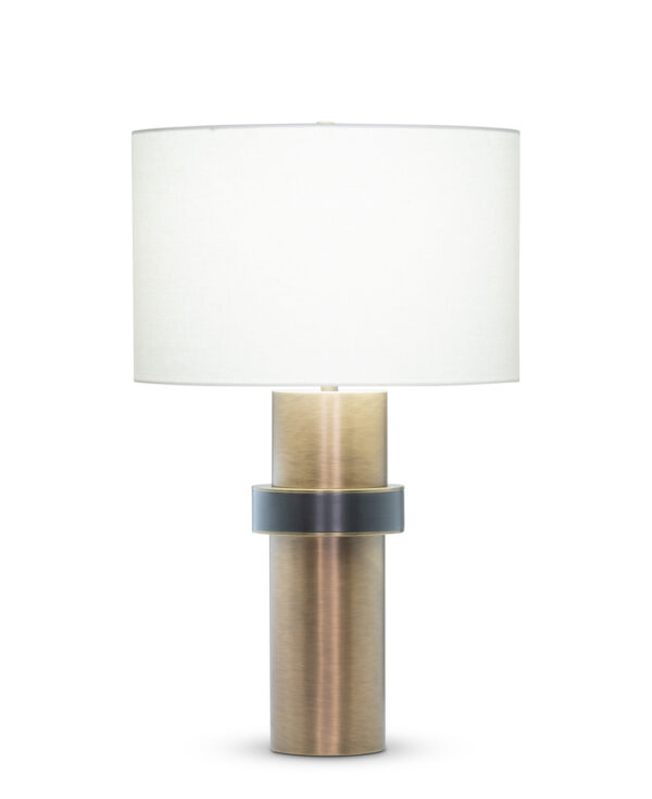 FlowDecor Carlton Table Lamp in metal with antique brass & gunmetal finishes and off-white linen drum shade (# 4530)