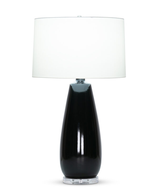FlowDecor Daphne Table Lamp in ceramic with black gloss finish and acrylic base and off-white cotton tapered drum shade (# 4509)