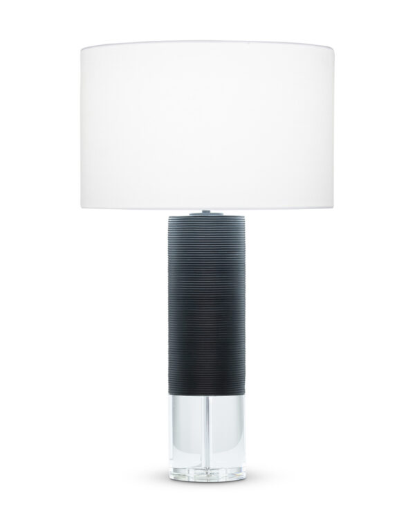 FlowDecor Locke Table Lamp in resin with black matte finish and finely ribbed surface and crystal and white linen drum shade (# 4521)