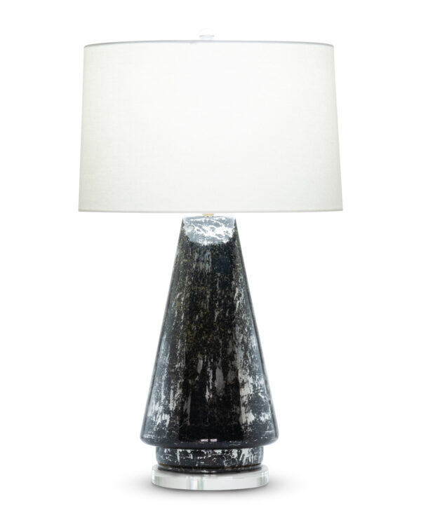FlowDecor Morgan Table Lamp in mouth-blown glass with black and silver finish and acrylic base and off-white linen tapered drum shade (# 4513)