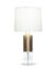 FlowDecor Scott Table Lamp in crystal and metal with antique brass finish and off-white cotton tapered drum shade (# 4527)